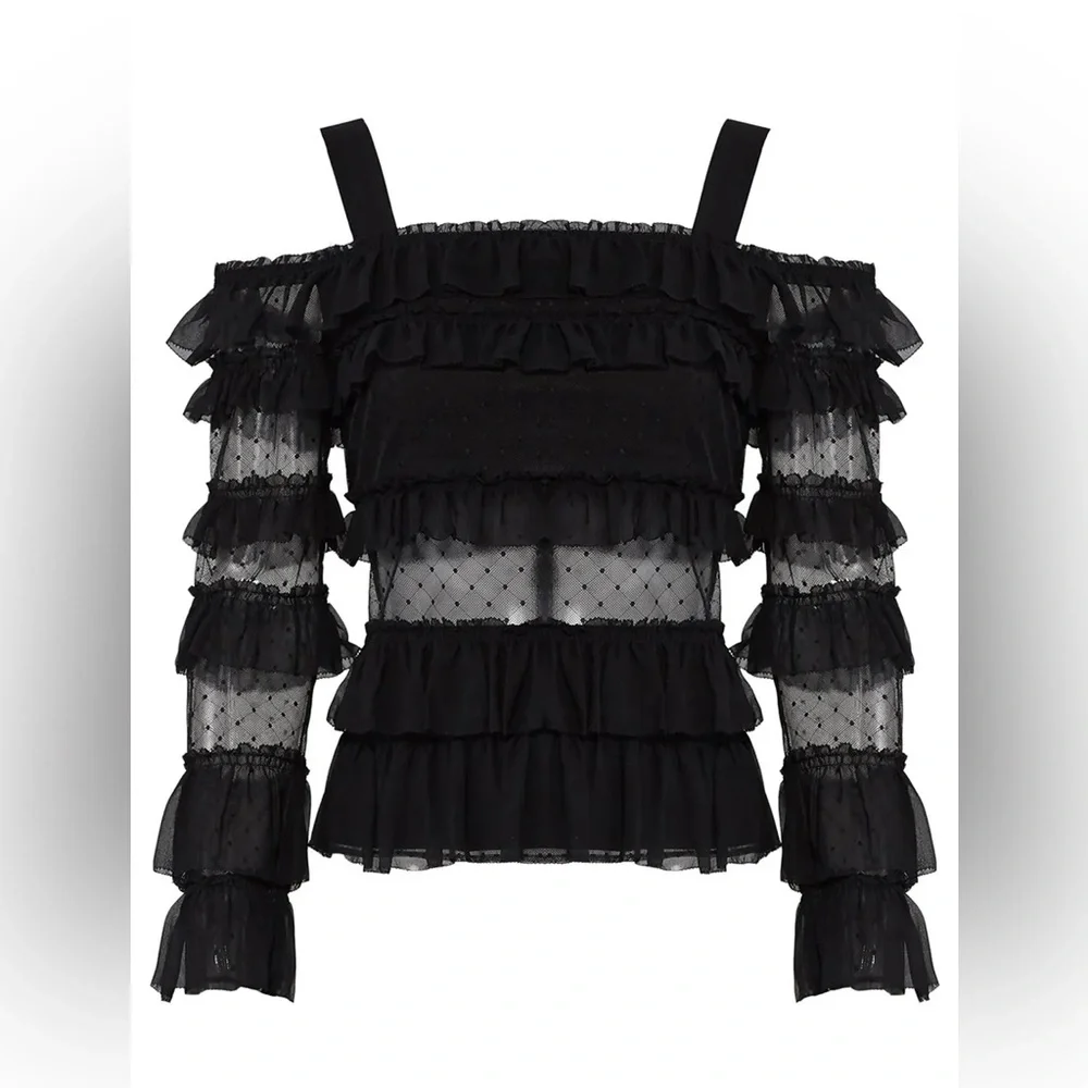 ALEXIS Karissa Cold Shoulder Polka Dot Swiss Dot Off the Shoulder Top in Black - Picture 2 of 6